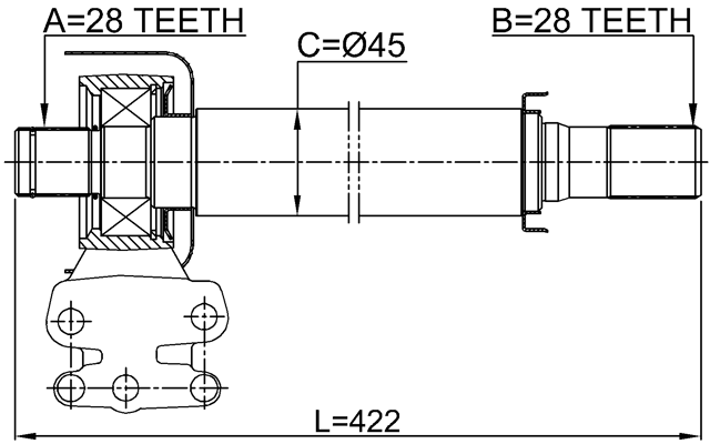 1212-TM2WDRH - AXLE HALF SHAFT RIGHT (WITH BRACKET) 28X422X28