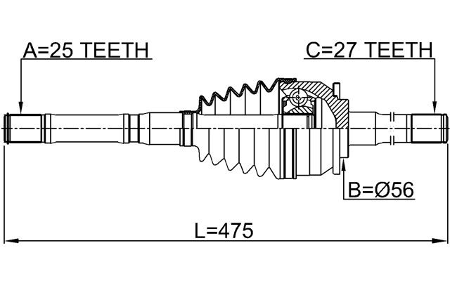 2214-K2500 - SHAFT ASSEMBLY, OUTER CV JOINT 25X476X27