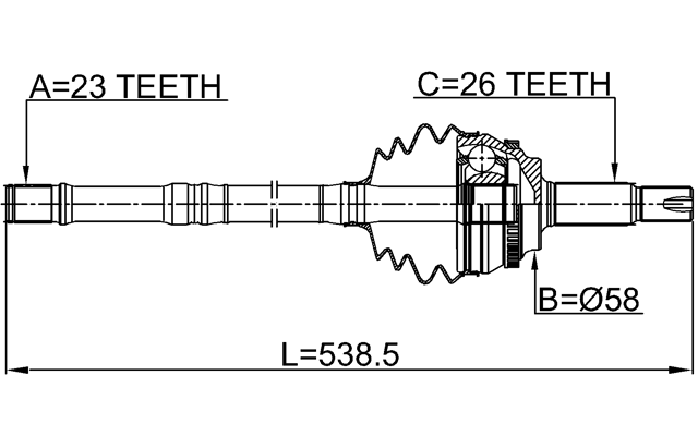 0114-ZZE120A48LH - SHAFT ASSEMBLY, OUTER CV JOINT 23X538X26