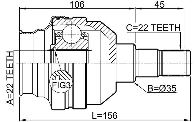 1011-T255LH - INNER CV JOINT LEFT 22X35X22