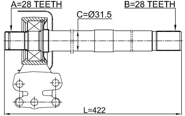 1212-TM4WDRH - AXLE HALF SHAFT RIGHT (WITH BRACKET) 28X422X28