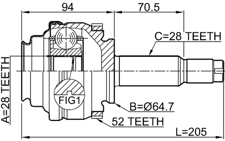 1410-REXA52R - OUTER CV JOINT REAR 28X64.7X28
