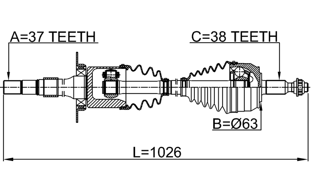 2314-7ERH - CV AXLE SHAFT ASSEMBLY RIGHT 37X1049X38
