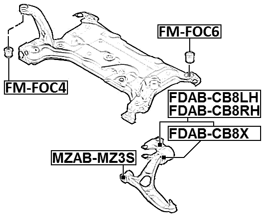 FDAB-CB8LH - REAR BUSHING WITH BRACKET, FRONT CONTROL ARM LH
